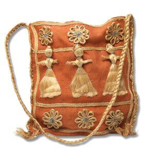 Vintage Burlap Jute Tote Bag Purse Braided Straw Lightweight Brown Tan Folk Art